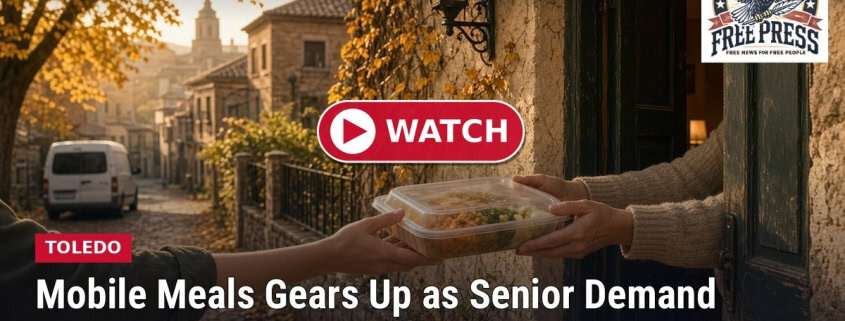 Fostoria News Senior delivering food to a customer during sunset in a neighborhood.